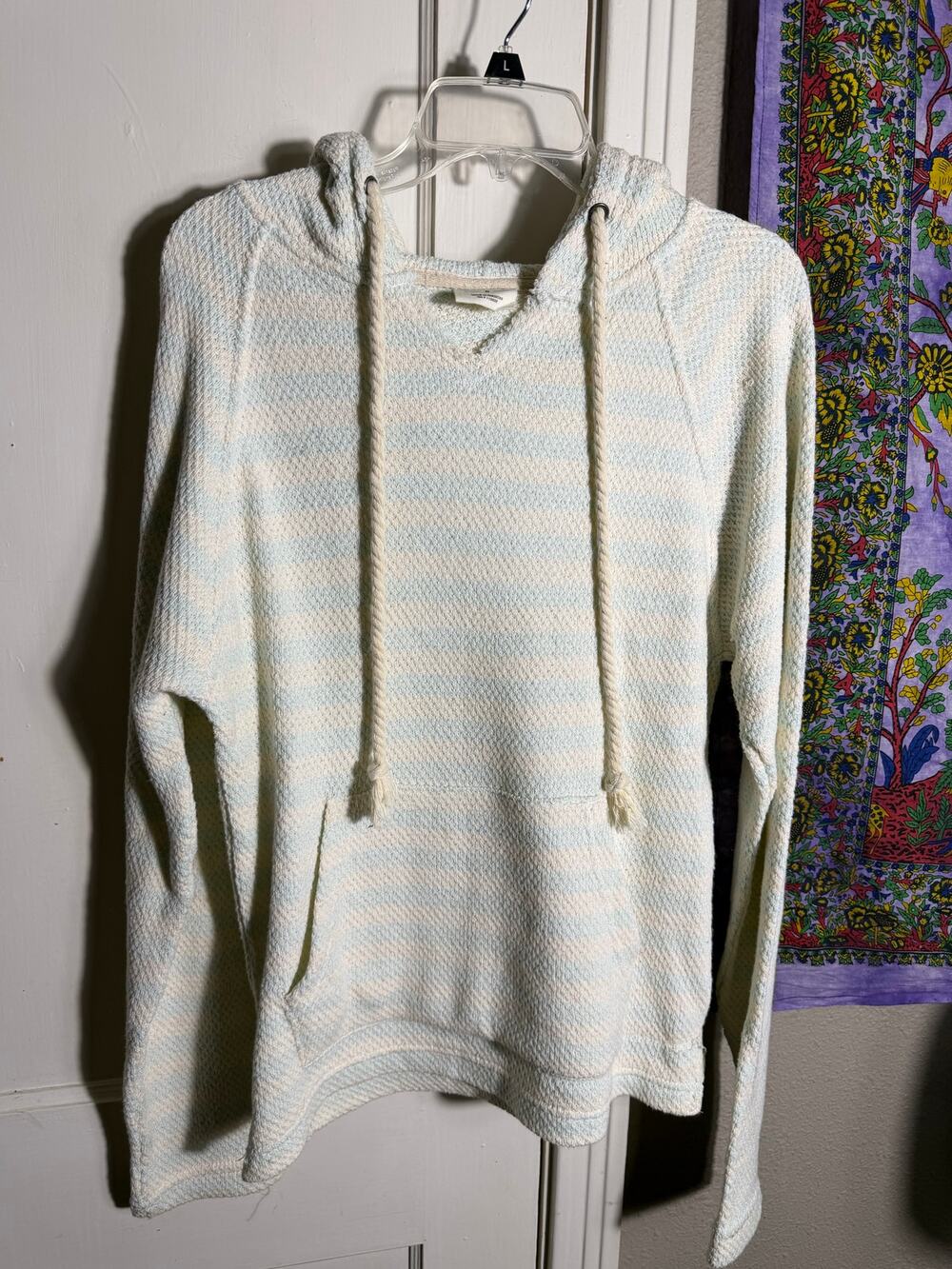 Southern Spirit Striped Baja Hoodie Aqua Cream Beach Coastal Pullover - Small